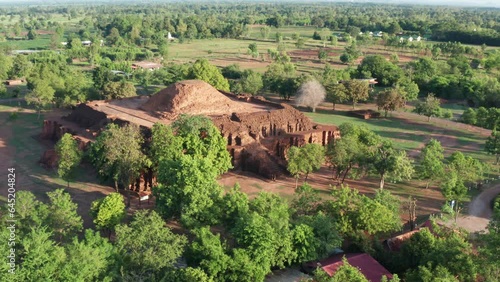 Aerial drone top view preserve history Prasat Prang Si Thep, a World Heritage Site, is located at Si Thep, Si Thep District, Phetchabun. photo