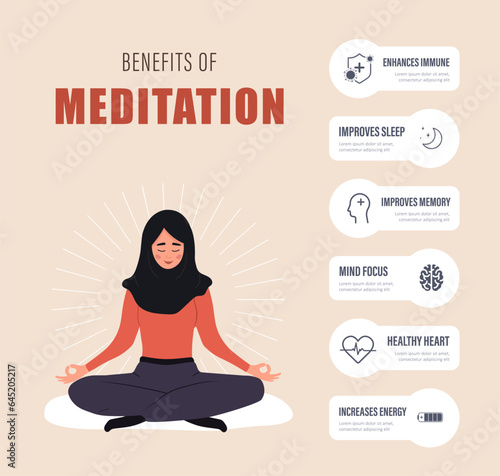 Benefits of meditation infographic. Islamic female character practicing mental and body wellness. Law of attraction concept. Materialization of thoughts. Vector illustration in flat cartoon style.