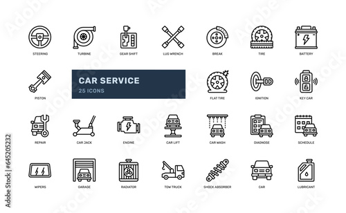 Car service maintenance repair automotive detailed outline line icon set
