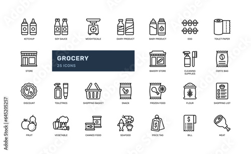 grocery store household buy shopping detailed outline line icon set