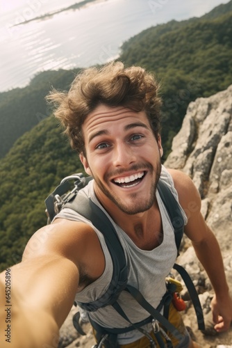 Young man climber taking a selfie at mountain peak while climbing. Generative AI