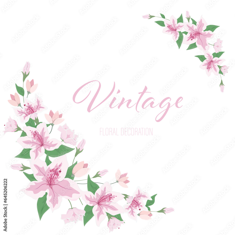 Fresh flat style circle flowers wreath floral wallpaper template background bouquet. Botanical flower and leaf branch for printing, greeting wedding anniversary. Vector invitation card concept.