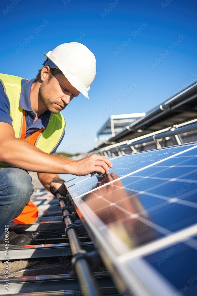 Solar power engineer checks solar panels in production line. Generative AI Solar power engineer checks solar panels in production line. Generative AI