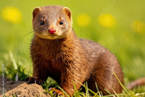 Common dwarf mongoose on green grass in the wild