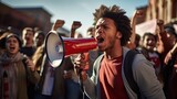 young afro american men shouting through a megaphone at a protest (Generative AI)