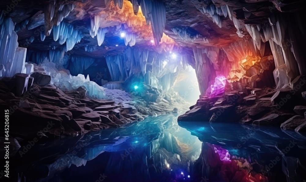 Journey into the depths of an intricate rainbow crystal cave. Journey into the depths of an intricate rainbow crystal cave.