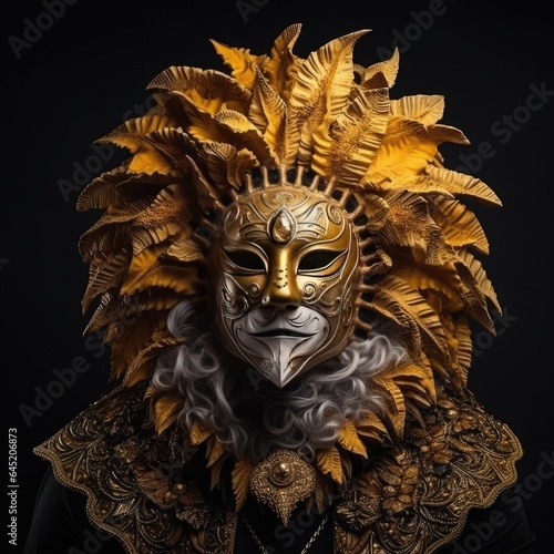 The portrait of the trickster in the lion mask exudes a majestic yet mischievous aura. © uhdenis