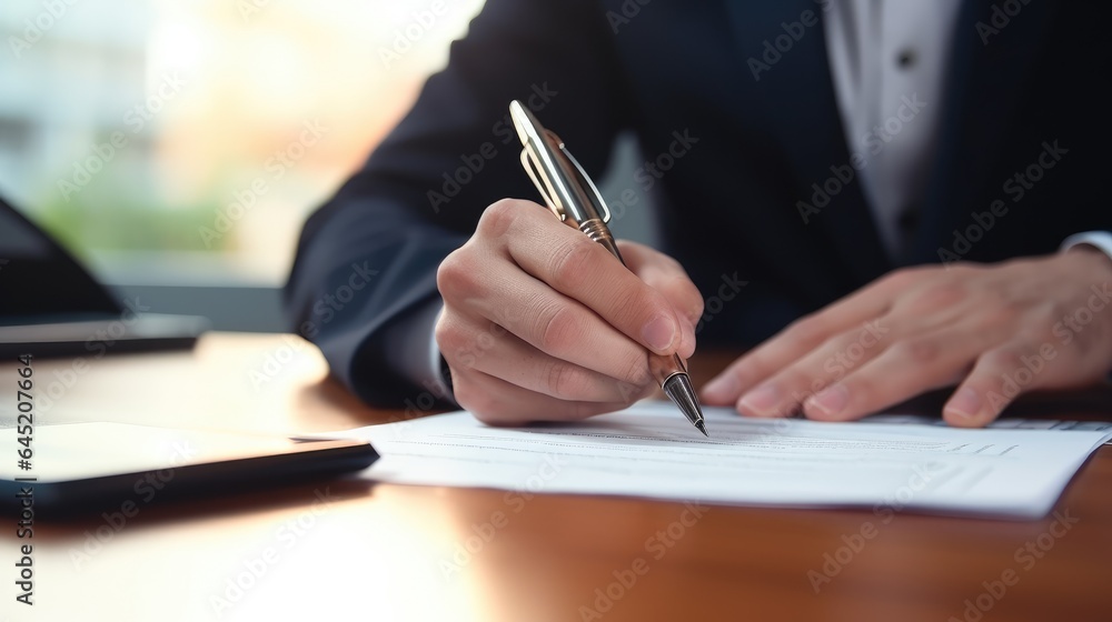 Businessman works with papers. Generative AI Businessman works with papers. Generative AI