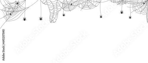 Halloween border with spiderweb and spiders.  Abstract texture of insect traps. Halloween design element. Isolated graphic template. Vector illustration.