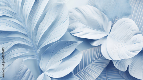 overlapping leaves of tropical plants, with a papercraft texture, using a monochromatic color scheme in a soft shade of blue. background image.