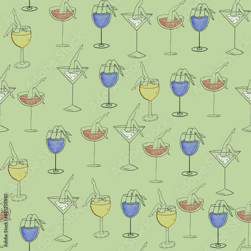 seamless pattern with cocktails, bar and wine lovers, simply hand drawn style, parisian party style, vector illustration