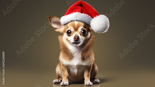 a photograph of cute brown and white cihuahua dog wearing santa clause costume in christmas celebration generative ai © Leaf
