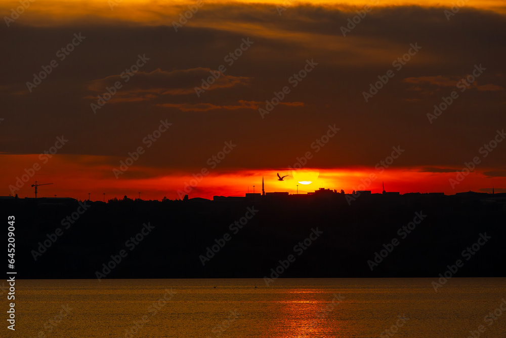 Naklejka premium Sunset at the lake in Büyükçemece District of Istanbul Province
