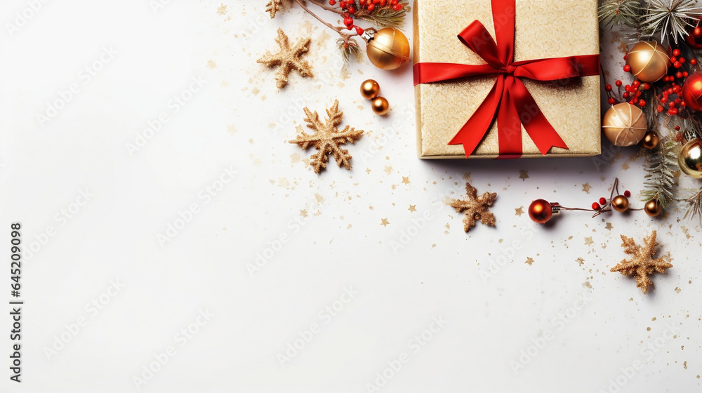 Christmas gold gift box with red ribbon and ornaments on white backdrop, Merry Christmas background with copy space. Christmas gold gift box with red ribbon and ornaments on white backdrop, Merry Christmas background with copy space.