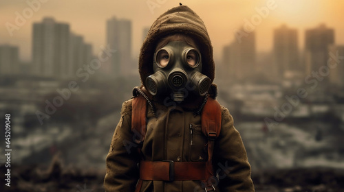 A Child wearing gas mask protecting herself from air pollution, blurred city with smog on background, environmental health concept.