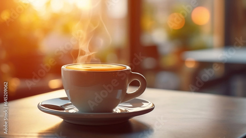 A cup of hot coffee on the table near window in the cafe with morning sunlight, background with copy space, close up shot.