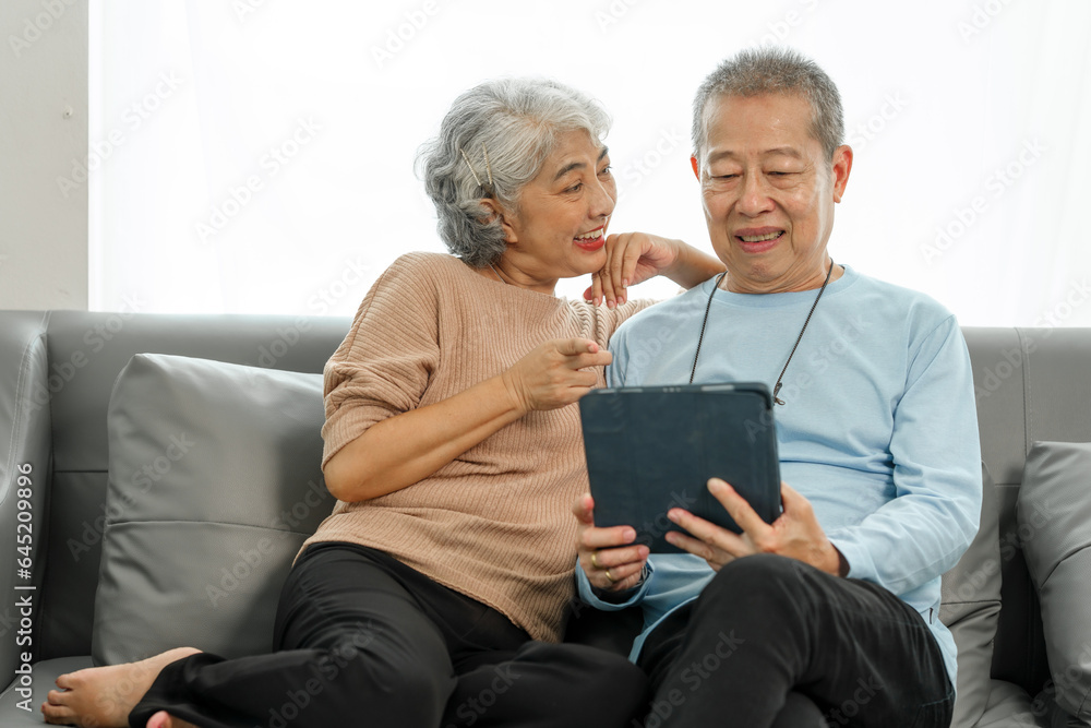 Blissful moments, elderly asian husband and wife sharing joy on sofa, timeless romance, heartwarming moments, peaceful harmony, timeless togetherness, happy family couple, grey hair Blissful moments, elderly asian husband and wife sharing joy on sofa, timeless romance, heartwarming moments, peaceful harmony, timeless togetherness, happy family couple, grey hair