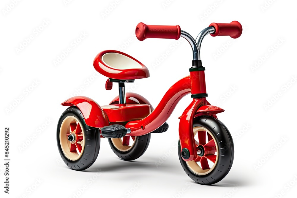 Child's red modern tricycle isolated on white background