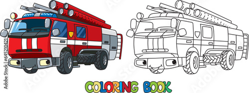 Fire truck or fire engine with eyes Coloring book