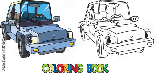 Funny small car with eyes. Coloring book