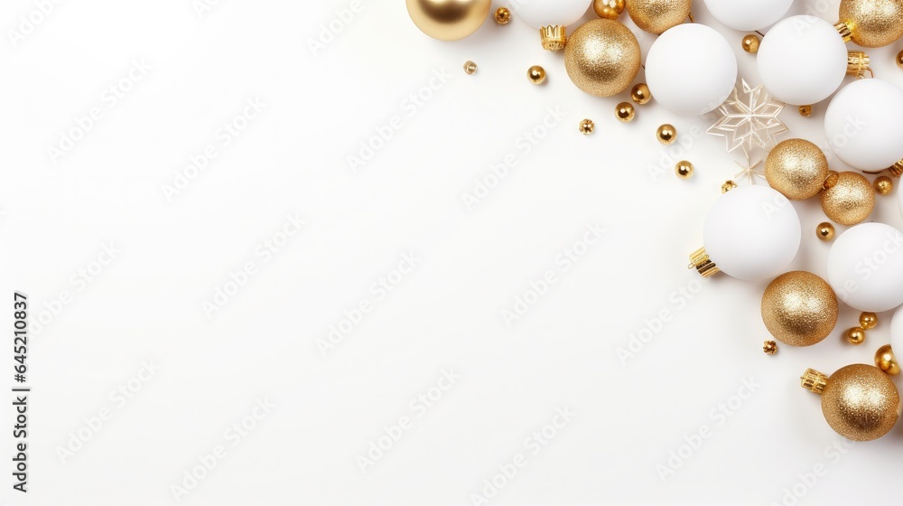 Christmas festive decorations light balls red and gold color on white background with copy space. Generative Ai Christmas festive decorations light balls red and gold color on white background with copy space. Generative Ai