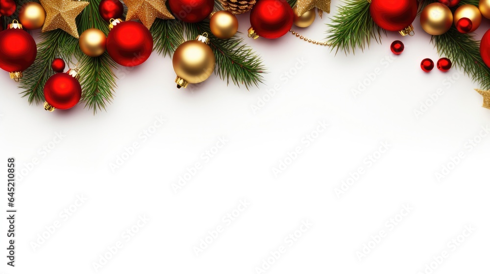 Banner of creative white frame with decorations Christmas theme,santa hat,christmas light balls,christmas tree and red gift box on white background with copy space. Generative Ai