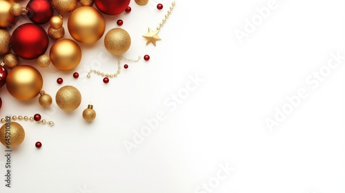 Christmas festive decorations light balls red and gold color on white background with copy space. Generative Ai