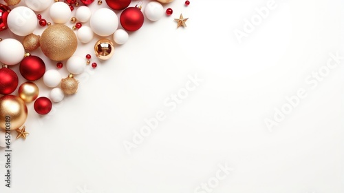 Christmas festive decorations light balls red and gold color on white background with copy space. Generative Ai