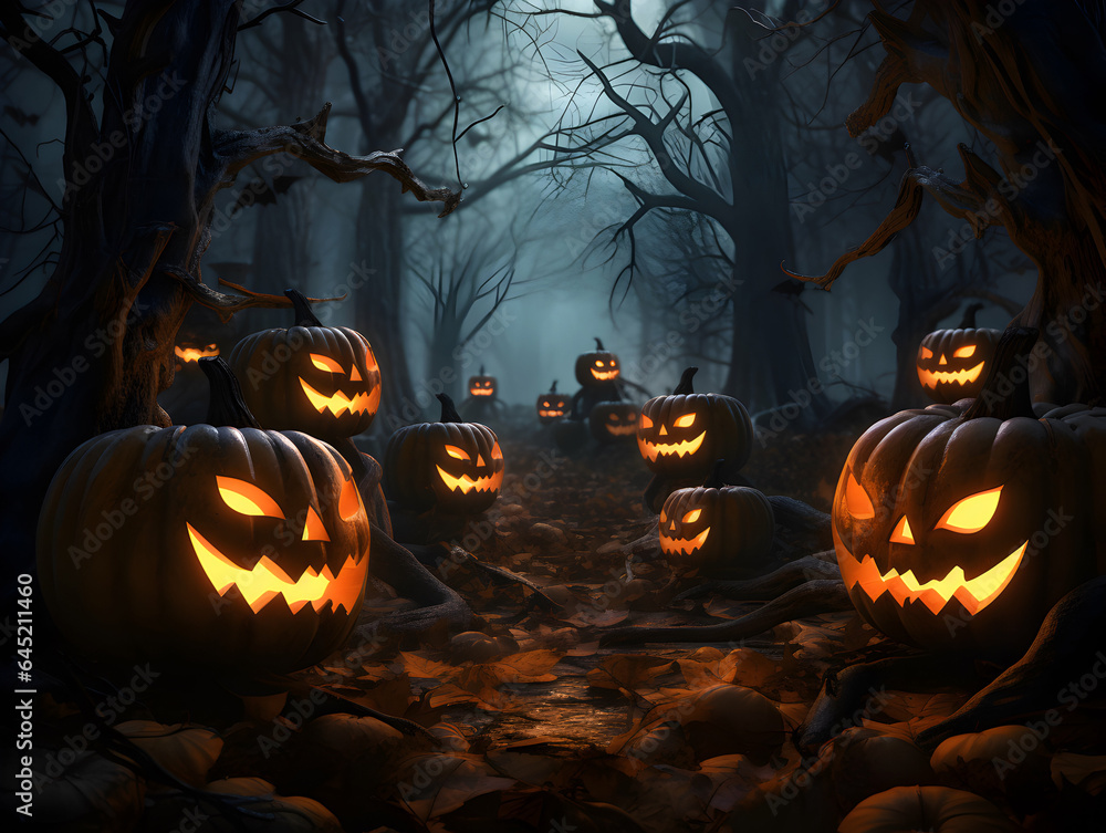 Scary Halloween Pumpkins in the dark forest Scary Halloween Pumpkins in the dark forest
