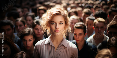 Standing Tall: One Blonde Woman\'s Unique Stance in Crowd