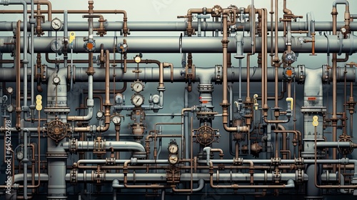 Industrial background with pipeline. Oil, water or gas pipeline with fittings and valves