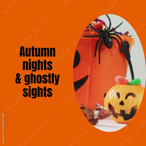 Composite of autumn nights and ghostly sights text and halloween carved pumpkin on orange background