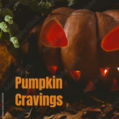 Composite of pumpking cravings text and halloween pumpkins on dark background