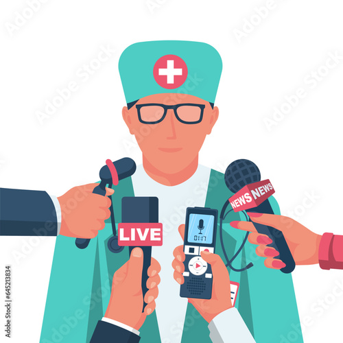 Press interview with medical doctor. Medical Conference. Doctor reporting. Journalists in a meeting with medicine. Vector flat design.