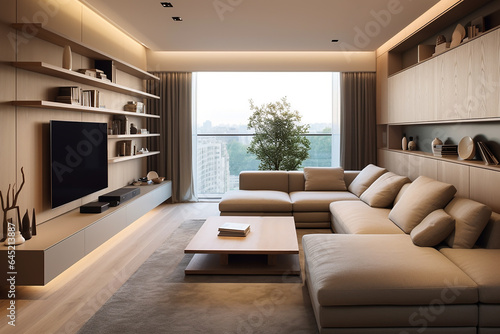 A modern entertainment room with a wall-mounted TV, a comfortable sectional sofa, and built-in storage. 