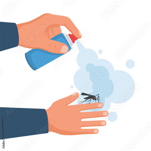 Mosquito spray in hand human. Man spraying insect repellents on skin outdoor. Spray bottle in arm. Pest control. Vector illustration flat design. Isolated on white background. Mosquito protection.