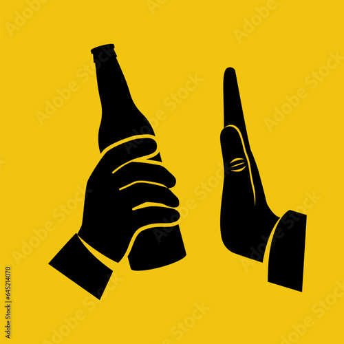 No alcohol. Man offers to drink holding a bottle of beer in hand. Black icon stop alcohol. Hand gesture rejection. Vector illustration flat design. Isolated on background.