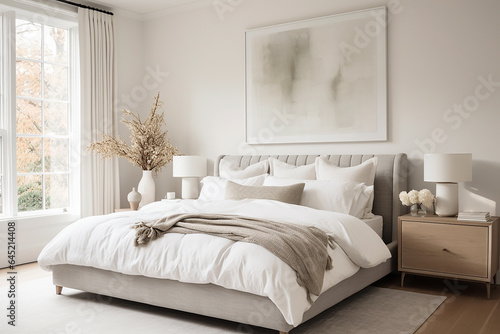 A Scandinavian-inspired bedroom with a luxurious upholstered bed, crisp white linens, and soft neutral tones.