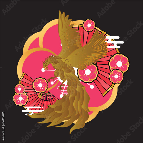 golden eagle vector illustration with japanese background