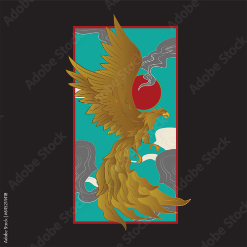 golden eagle vector illustration with japanese background