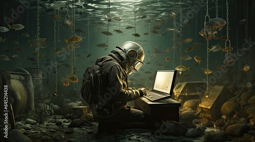 Fisherman navigates the underwater world, discovering the movements and concentrations of fish schools, overnight stay, tents, pier, bite, yacht, ship, shoal, gills, rod, beluga. Generated by AI. photo