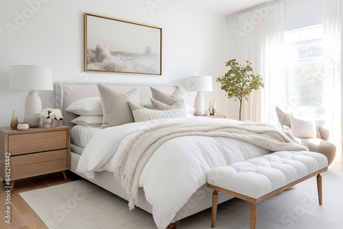 A Scandinavian-inspired bedroom with a luxurious upholstered bed, crisp white linens, and soft neutral tones. © Teerasak