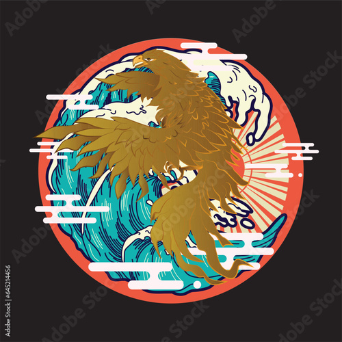 golden eagle vector illustration with japanese background