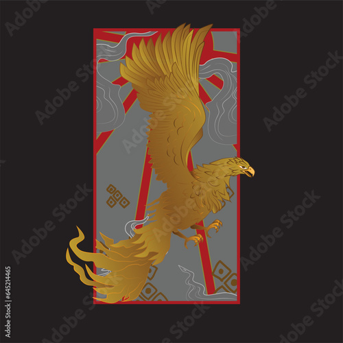 golden eagle vector illustration with japanese background