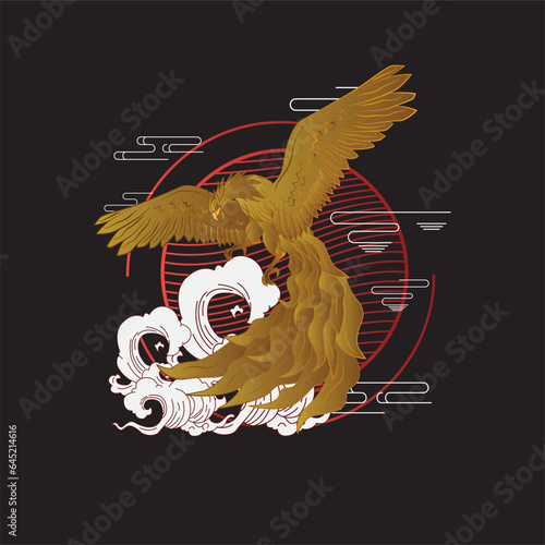 golden eagle vector illustration with japanese background