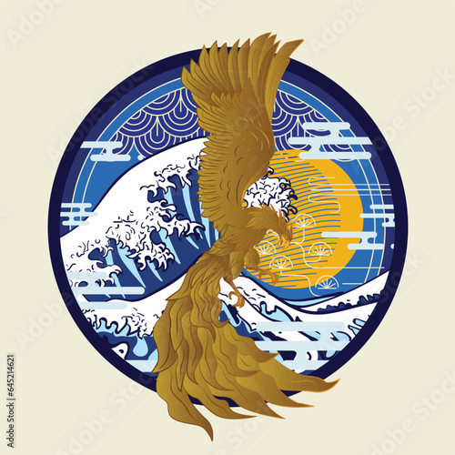 golden eagle vector illustration with japanese background