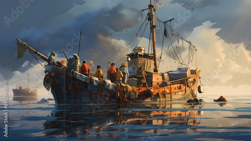 Fishing boat crew gathers with purpose, preparing to set sail for a day of deep-sea fishing, perch, ocean, lure, ruff, herring, rest, whale, sport, net, nature, vobla. Generated by AI.