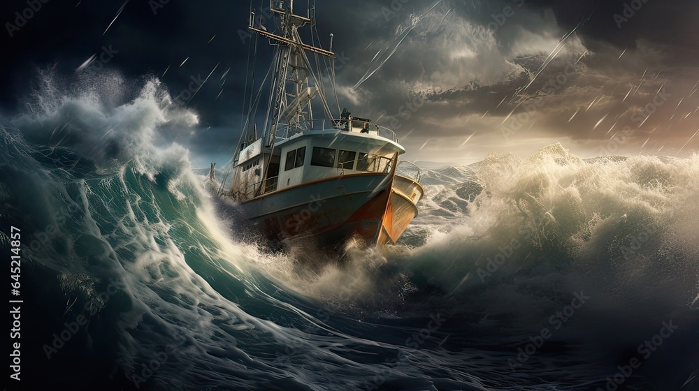 Naklejka premium A fishing boat bravely navigates a stormy sea, raft, ocean, anchor, barge, bottom, shore, keel, ship, transport, ship. Generated by AI.