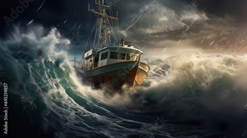 A fishing boat bravely navigates a stormy sea, raft, ocean, anchor, barge, bottom, shore, keel, ship, transport, ship. Generated by AI. © Кирилл Макаров