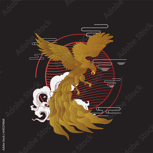 golden eagle vector illustration with japanese background